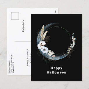 Blauer Halbmond mit weißen Blume Halloween Feiertagspostkarte