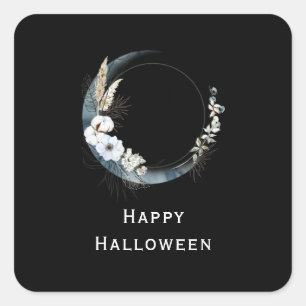 Blauer Halbmond mit weißen Blume Halloween Quadratischer Aufkleber