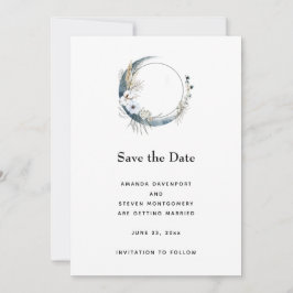 Blauer Halbmond mit weißer Blume Hochzeit Save The Date