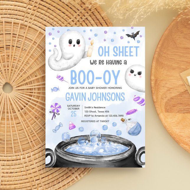 Blauer Halloween ist eine Baby-Dusche Einladung (Oh Sheet It's a Boo=y Halloween Baby Shower Invitation)