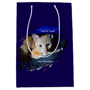 Blauer Halloween-Katzen-Foto-Text anpassen Mittlere Geschenktüte