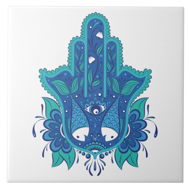 Blauer Hamsa Entwurf Fliese (Vorderseite)