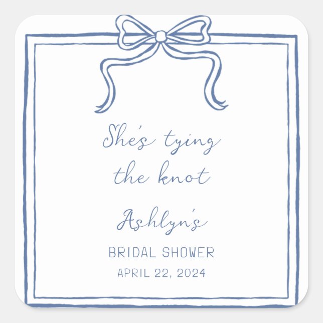 Blauer Hand gezeichnet. Sie bindet den Knoten Stic Quadratischer Aufkleber (Vorderseite)