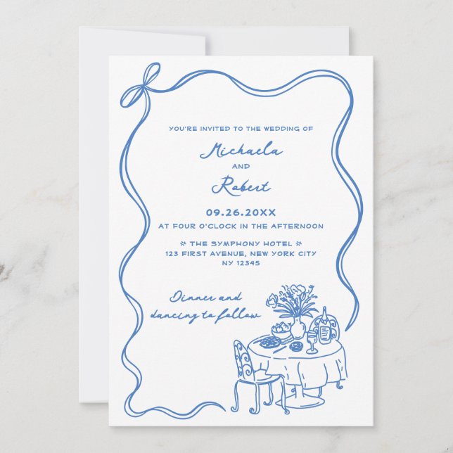 Blauer handgezogener Doodles - Hochzeit ohne Foto Einladung (Vorderseite)