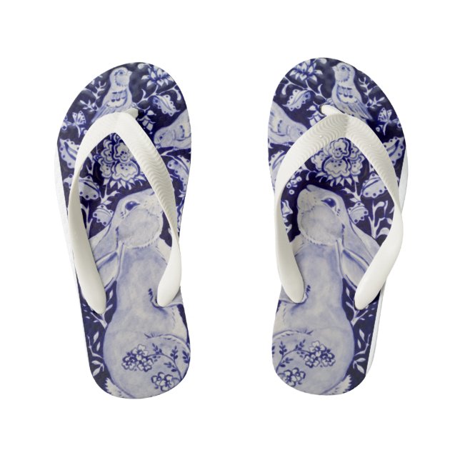 Blauer Hasen Bunny Bird Chinoiserie Kinderbadesandalen (Fußbett)