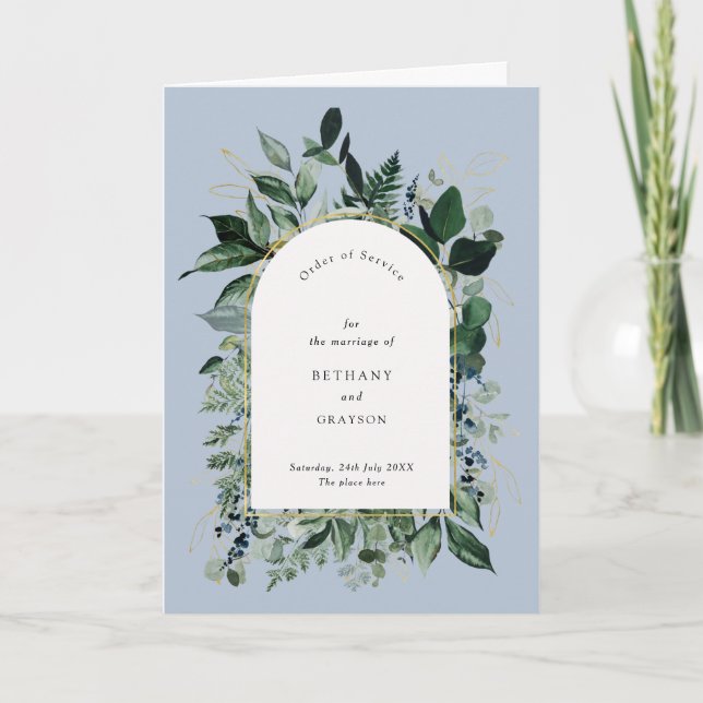 Blauer Hauch Moderne botanische Hochzeit Programm (Vorderseite)