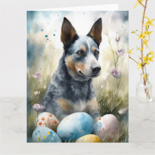 Blauer Heeler-Hund mit Ostereiern Feiertag Karte