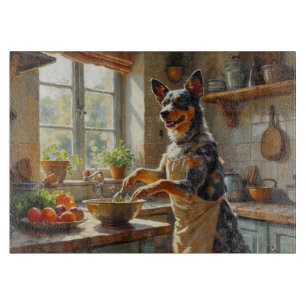 Blauer Heeler kocht in der Küche Schneidebrett