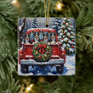 Blauer Heeler Weihnachten Roter LKW Feiertag Keramikornament