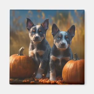 Blauer Heeler Welpe Herbstfreude Kürbis Magnet