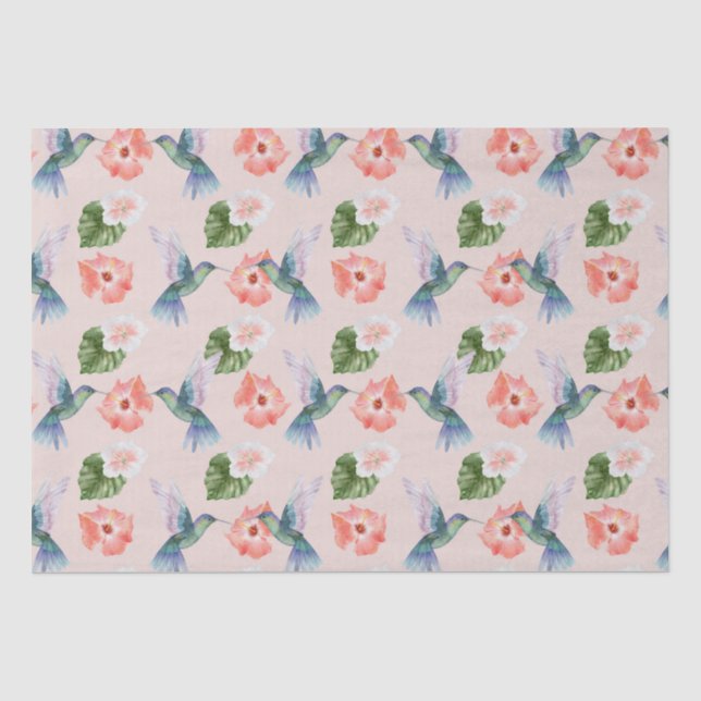 Blauer Hibiskus und Rosa Hummingbird Seidenpapier (Vorderseite)