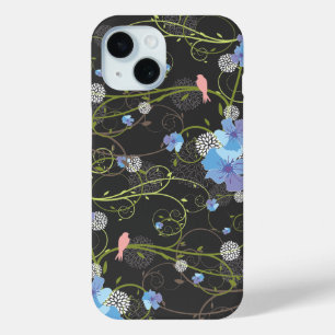 Blauer Hibiskus Wirbel Schwalben Vögel Elegante B iPhone 15 Hülle