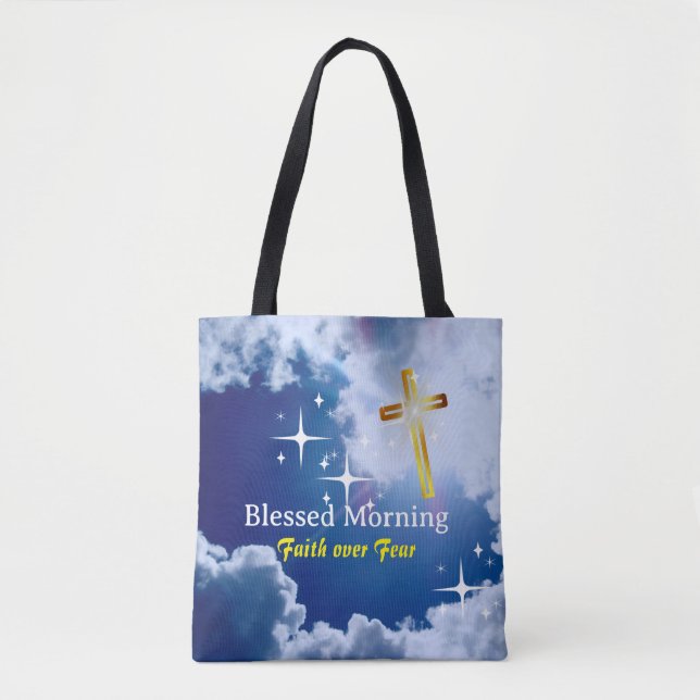 Blauer Himmel mit weißen Wolken und goldenem Kreuz Tasche (Vorderseite)