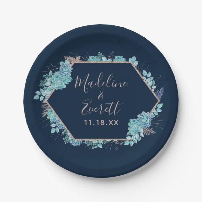 Blauer Himmel und Rose Gold-Hochzeitmonographie Pappteller (Vorderseite)