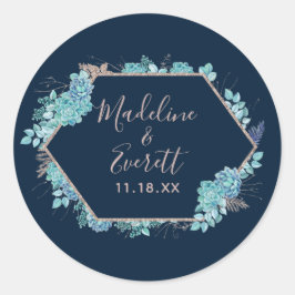 Blauer Himmel und Rose Gold Monogram Wedding Runder Aufkleber
