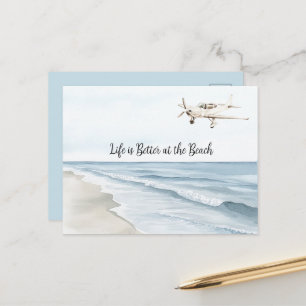 Blauer Himmel Weißes Flugzeug Strand Ozean Küste Postkarte
