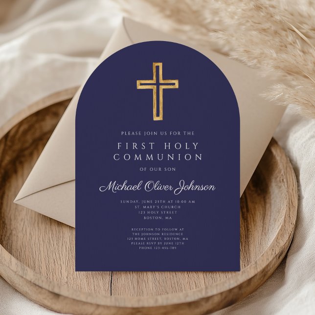 Blauer Himmelsschiff Erster Kommunionbogen Einladung (Navy Blue Religious Cross Boy First Communion Arch Invitation)