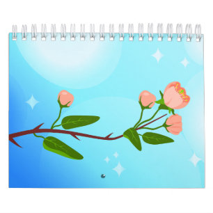 Blauer Himmelsverlauf mit blühendem Frühlingsarm Kalender