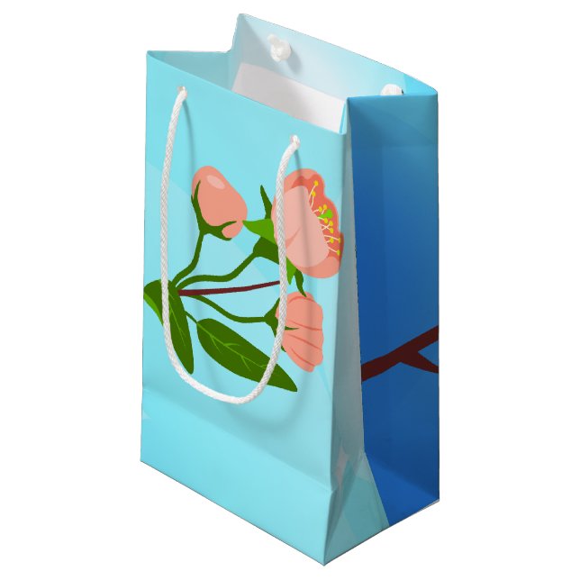 Blauer Himmelsverlauf mit blühendem Frühlingsarm Kleine Geschenktüte (Vorderseite Schrägansicht)