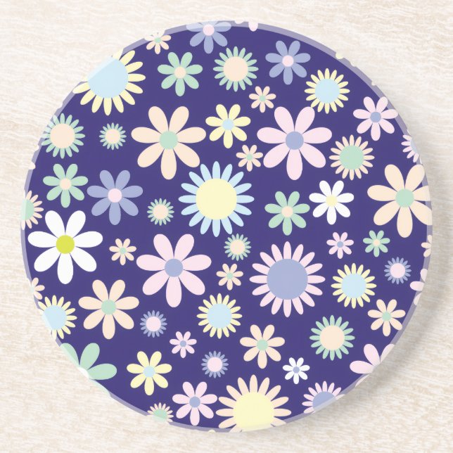Blauer Hintergrund mit Blumenmuster Getränkeuntersetzer (Vorne)