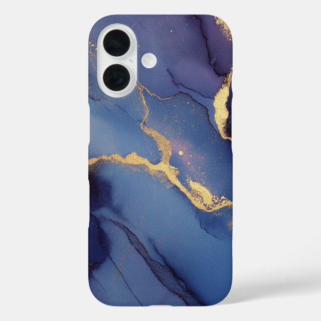 Blauer Hintergrund mit goldenen Streifen und Punkt iPhone 16 Hülle (Rückseite)