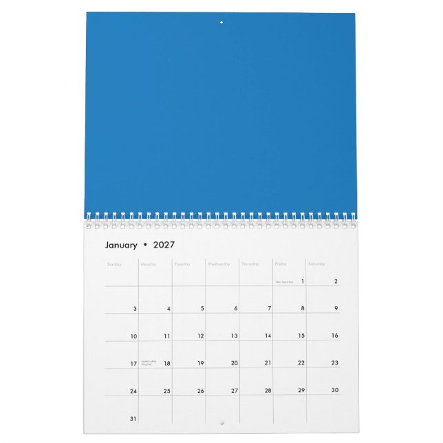 blauer Hintergrund mit schwarz-weißer Uhr Kalender (Jan 2027)