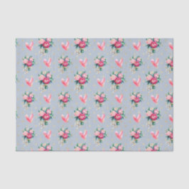 Blauer Hintergrund, rosa Blume und Herz Seidenpapier