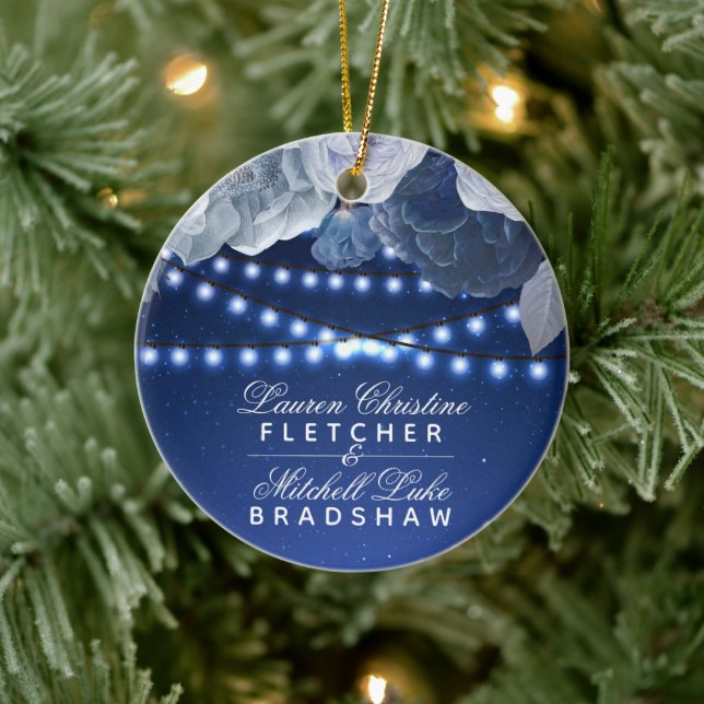 Blauer Hochzeitsschein-Foto Keramik Ornament (Baum)