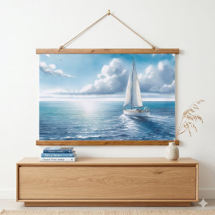 Blauer Horizont Alleinsegelboot Wandteppich Mit Holzrahmen