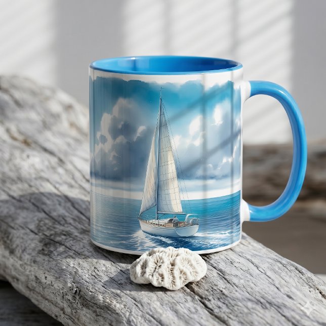 Blauer Horizont Einsames Segelboot Tasse (Blue Horizon Solitary Sailboat Mug B)