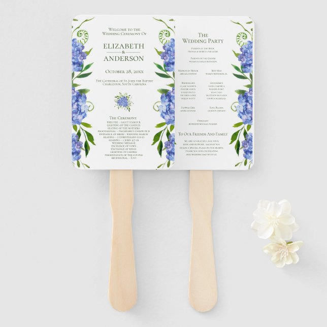 Blauer Hortensien Hochzeitsprogramm Fächer (Vorne und Hinten)