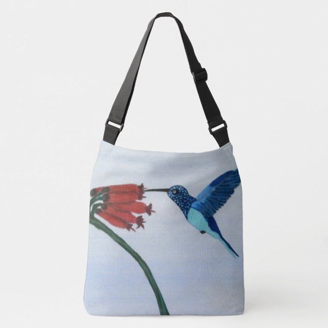Blauer Hummingvogel Tragetaschen Mit Langen Trägern (Vorderseite)