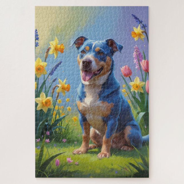 Blauer Hund Frühlingsblumen Malerei (Vertikal)