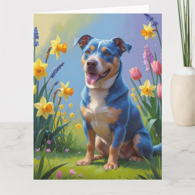 Blauer Hund Frühlingsblumen Malerei Karte (Vorderseite)