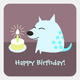 Blauer Hund u. Geburtstags-Kuchen Quadratischer Aufkleber