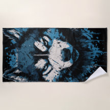 Blauer Husky-Strandtuch – Kühne Hundekunst