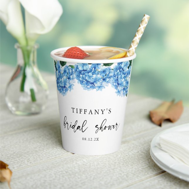 Blauer Hydrangea Brautparty Begrüßungszeichen Pappbecher (In Situ)