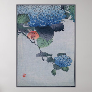 Blauer Hydrangea-japanischer Holzschnitt mit Vogel Poster
