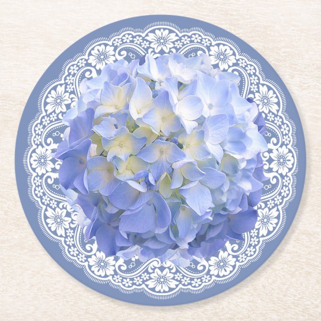 Blauer Hydrangea-weißer Runder Pappuntersetzer (Vorderseite)