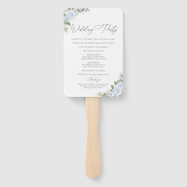 Blauer Hydrangeen-Blumen-Hochzeitsprogramm-Handfäc Fächer (Rückseite)