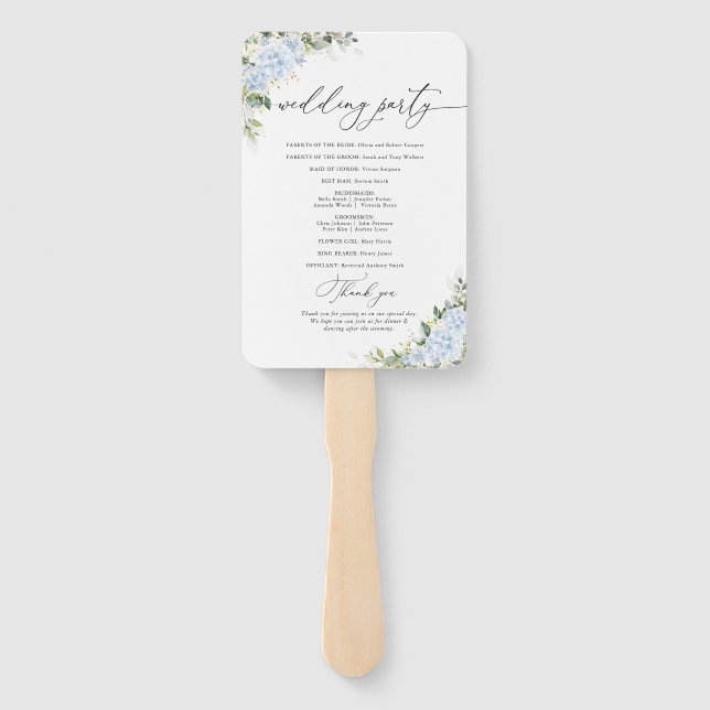 Blauer Hydrangeen-Blumen-Hochzeitsprogramm-Handfäc Fächer (Rückseite)
