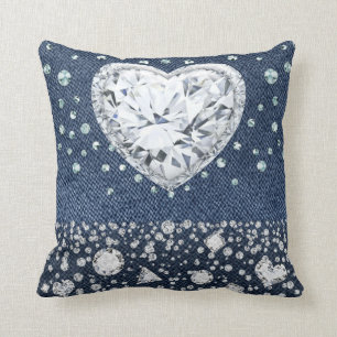 Blauer Jean Denim & Diamanten Bling Diamant Herz Kissen