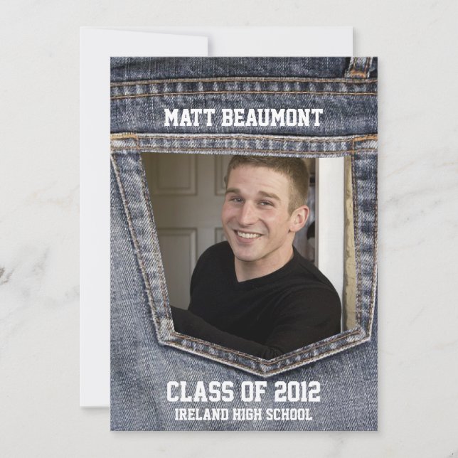 Blauer Jean-Taschen-Foto-Abschluss Einladung (Vorderseite)