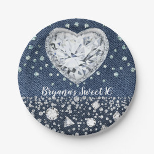 Blauer Jeans-Denim und Diamanten-Bling-Diamant-Her Pappteller