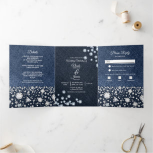 Blauer Jeans & Diamanten Glam Dreifach-Hochzeitspr Dreifach Gefaltete Einladung