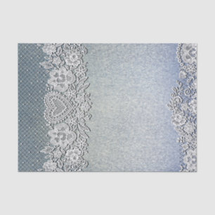 Blauer Jeansstoff und Weißes Herz-Spitzen-Brautjun Seidenpapier