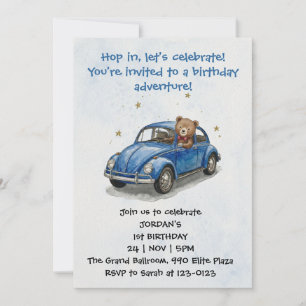Blauer Junge Aquarell-Teddybär fährt Auto Einladung