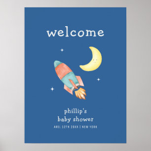 Blauer Junge über dem Mond-Rakete-Baby-Shower-Will Poster
