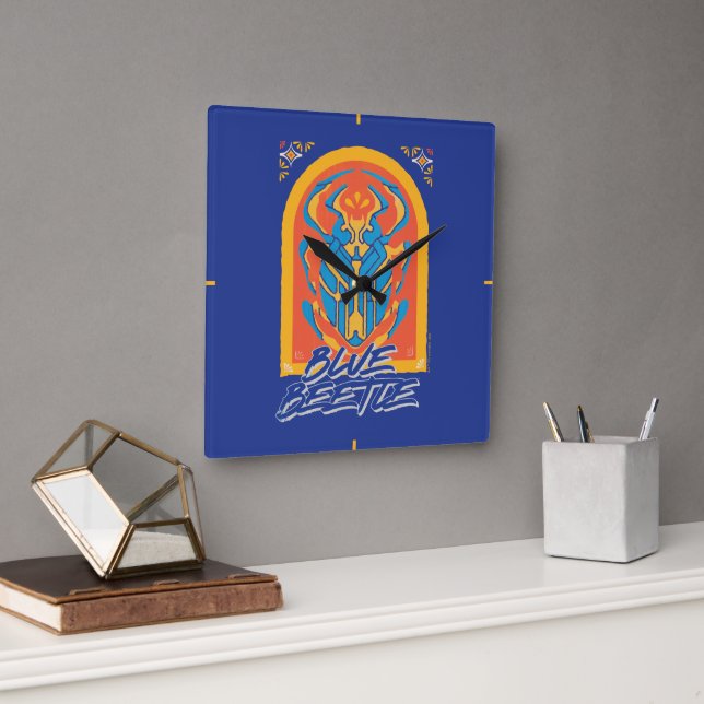 Blauer Käfer Scarab Talavera Graphic Quadratische Wanduhr (Büro)