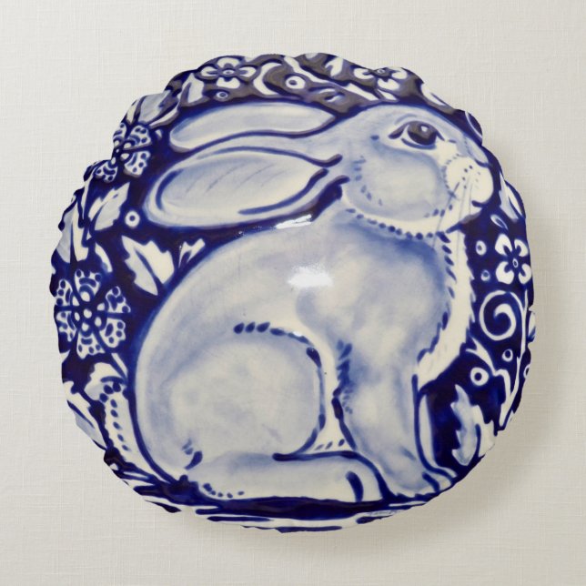 Blauer Kaninchenpilz Dedham Tile Rundes Kissen (Vorderseite)